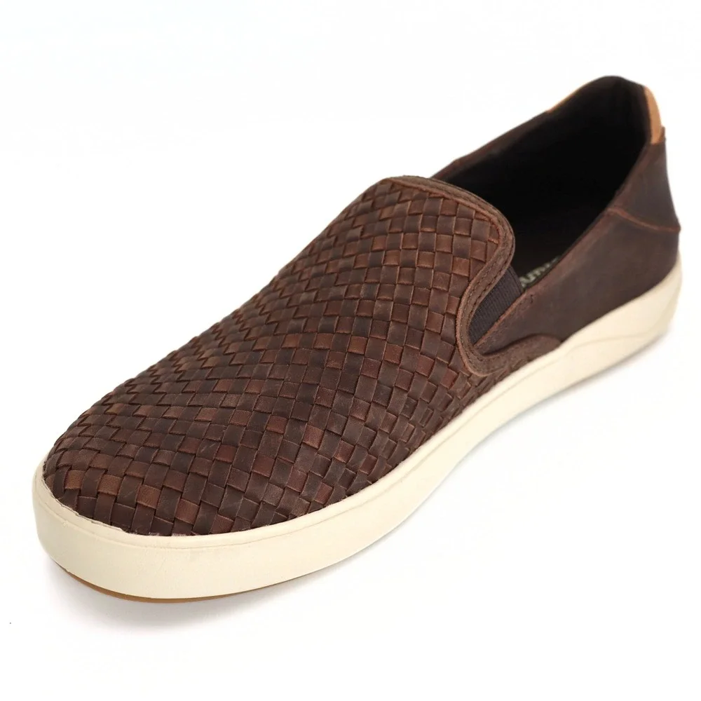 OluKai Lae'ahi Lauhala Mens 10.5 Dark Java Woven Leather Slip On Shoes NWT